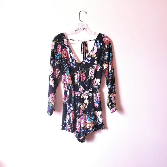 AKIRA Pants - Akira Open Black Floral Romper Small